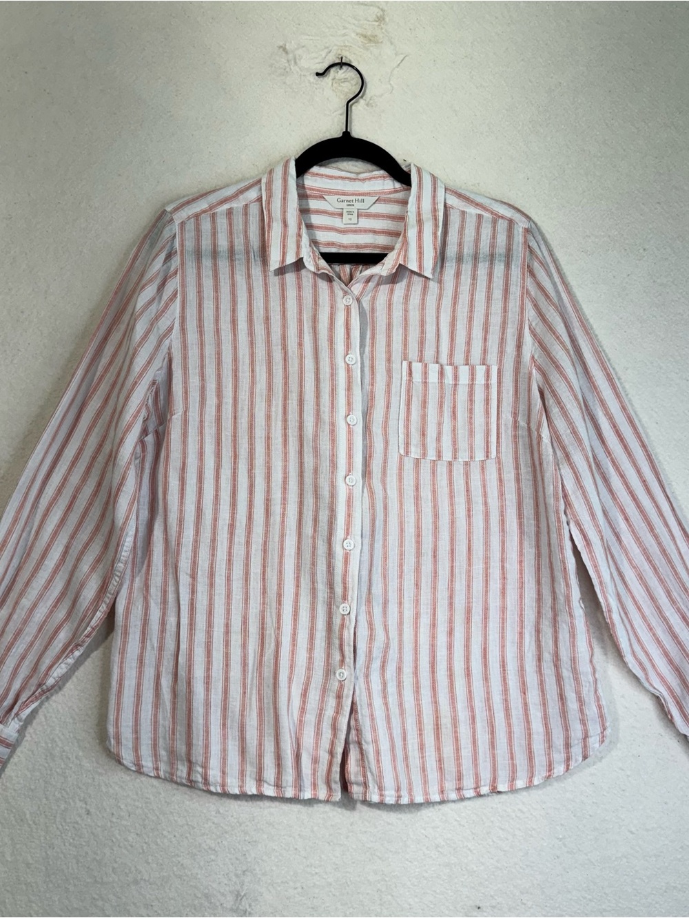 Garnet Hill Linen Coral & White Striped Button-Up Shirt Size 12 Nautical Preppy